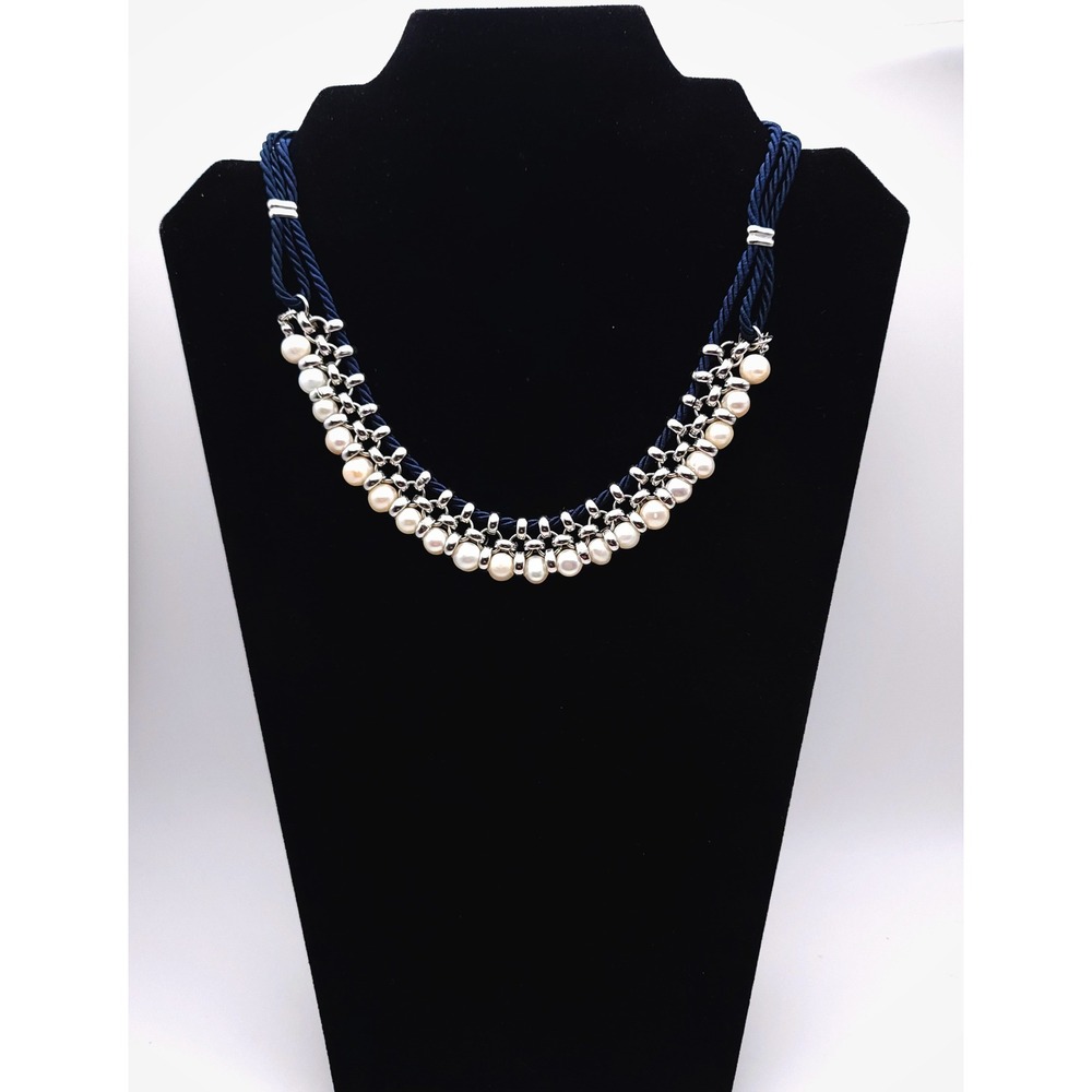Lia Sophia Perla Del Mar Necklace Navy Blue Woven Cord Freshwater Pearl 17-20"